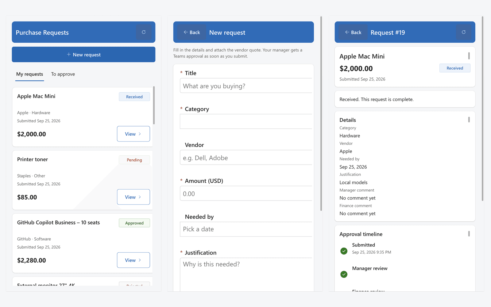 The purchase request app: a list of requests with their status, the new request form, and a request's details with its approval timeline
