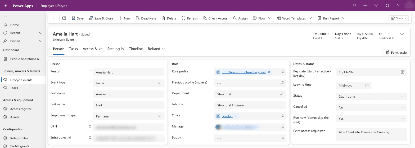 A joiner's record with their role profile, department, office, start date, status and readiness, and the extra access requested