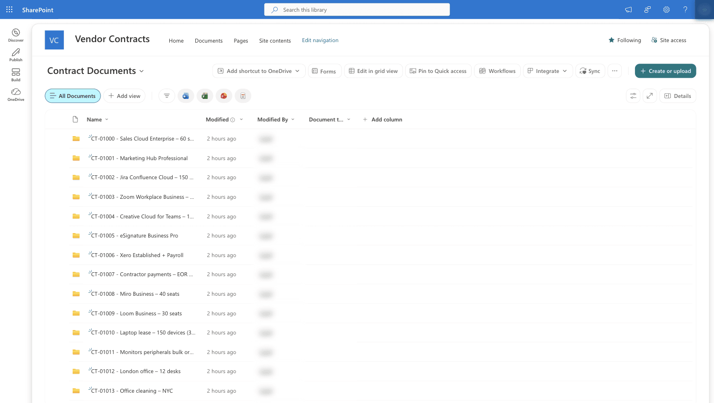 A SharePoint document library with one folder per contract, named by contract number