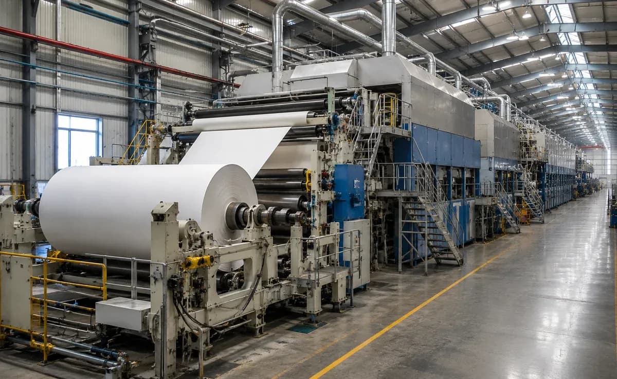 A paper machine winding a large reel of paper