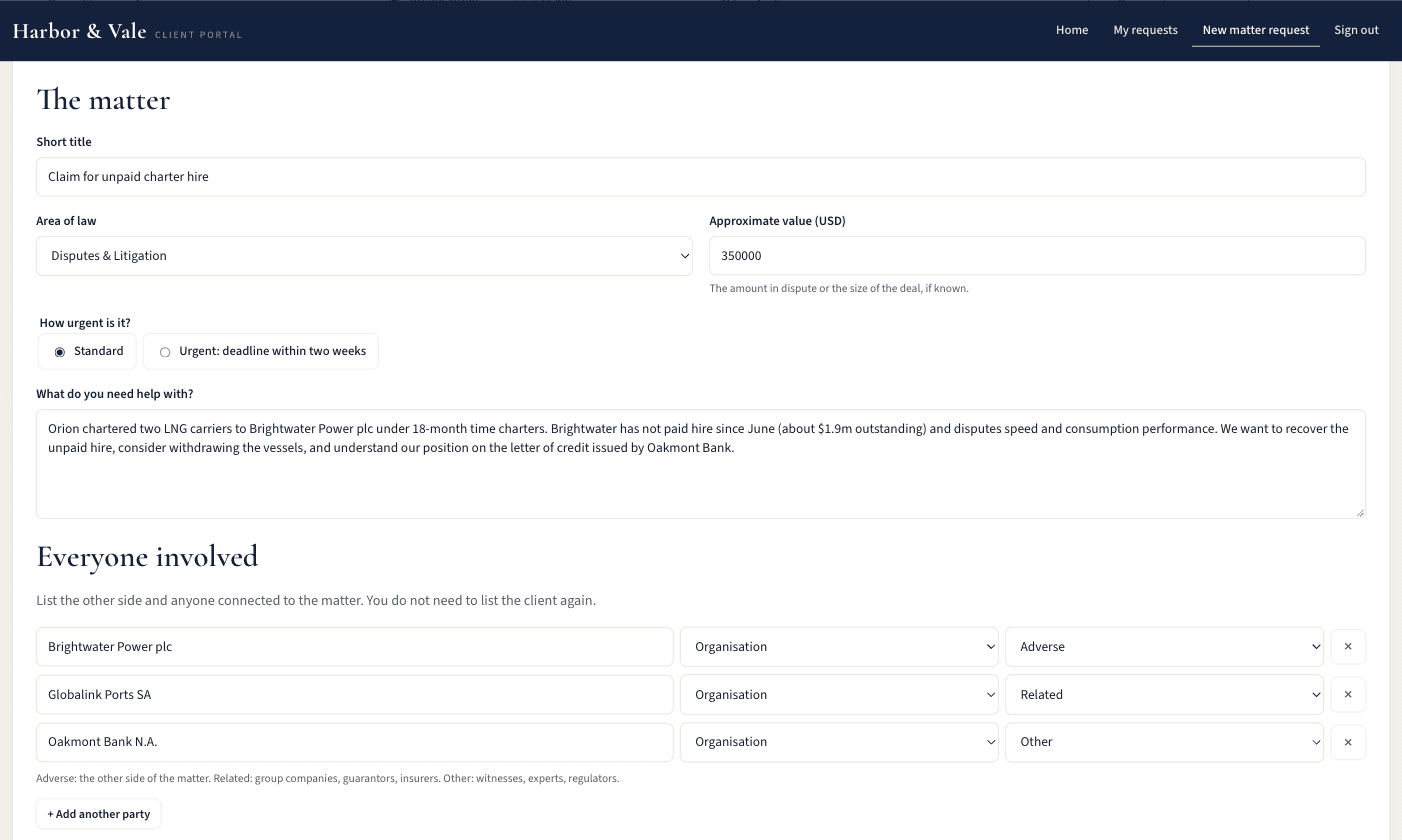 The client portal's new matter form, with the matter described and three parties listed as adverse, related and other