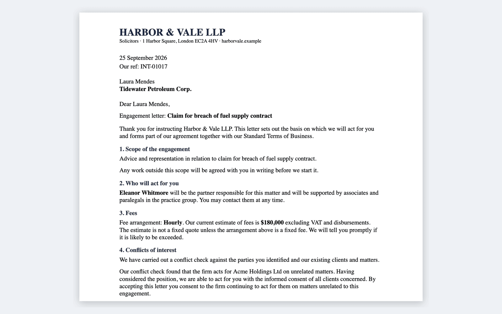 A generated engagement letter with the scope, the responsible partner, the fee arrangement and a conflicts of interest clause naming the existing client