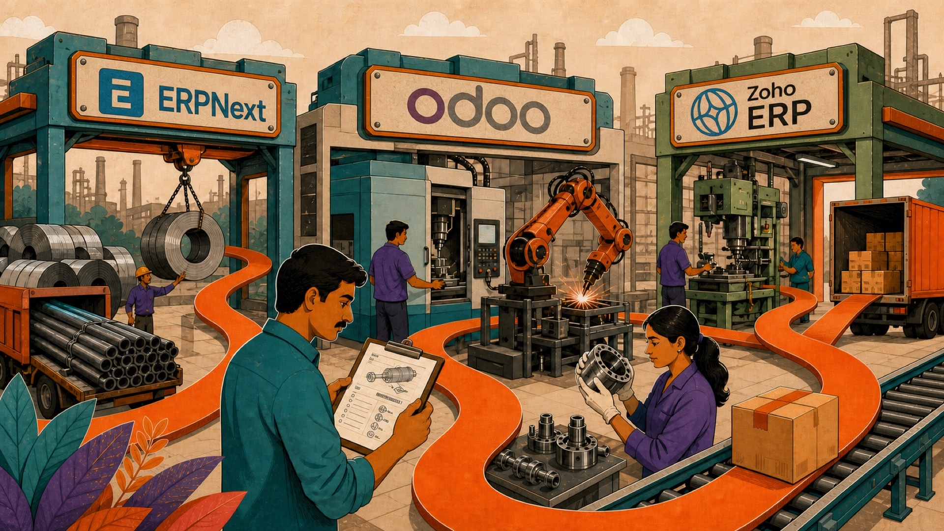 ERPNext, Odoo and Zoho ERP production bays in an Indian factory connected by one continuous manufacturing flow