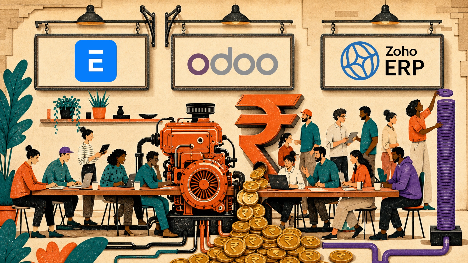 ERPNext, Odoo and Zoho ERP signs above a growing team, a shared engine, rupee coins and stacked per-user tokens
