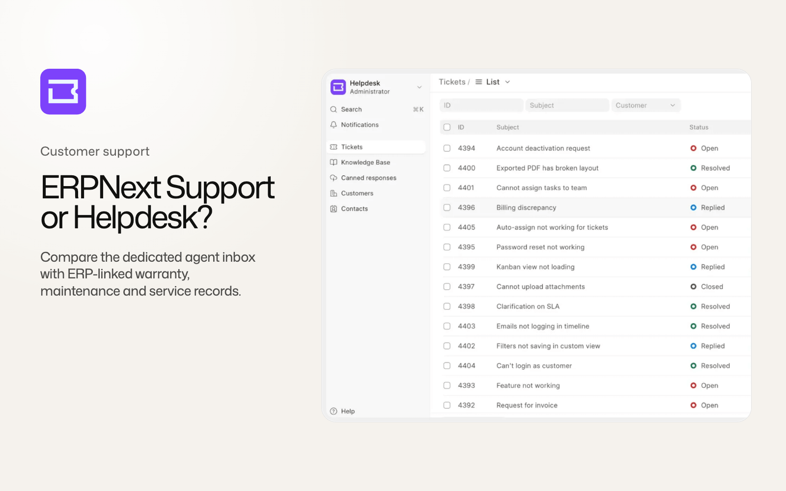 Frappe Helpdesk cover showing the ticket list beside an ERPNext Support and Helpdesk comparison