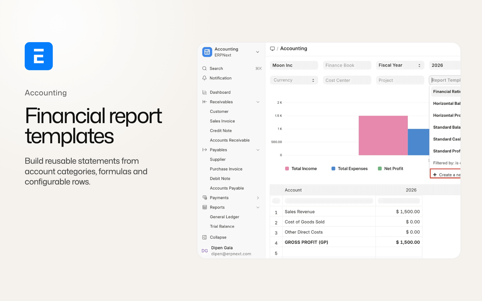 ERPNext accounting cover showing the Financial Report Template menu beside configurable financial statements