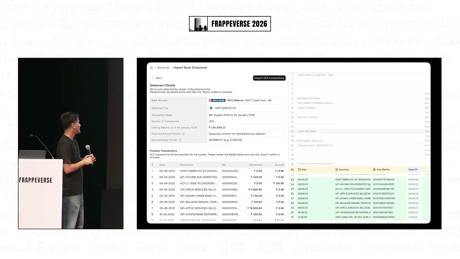 Frappeverse 2026 ERPNext keynote showing automatic bank statement import in the Banking app