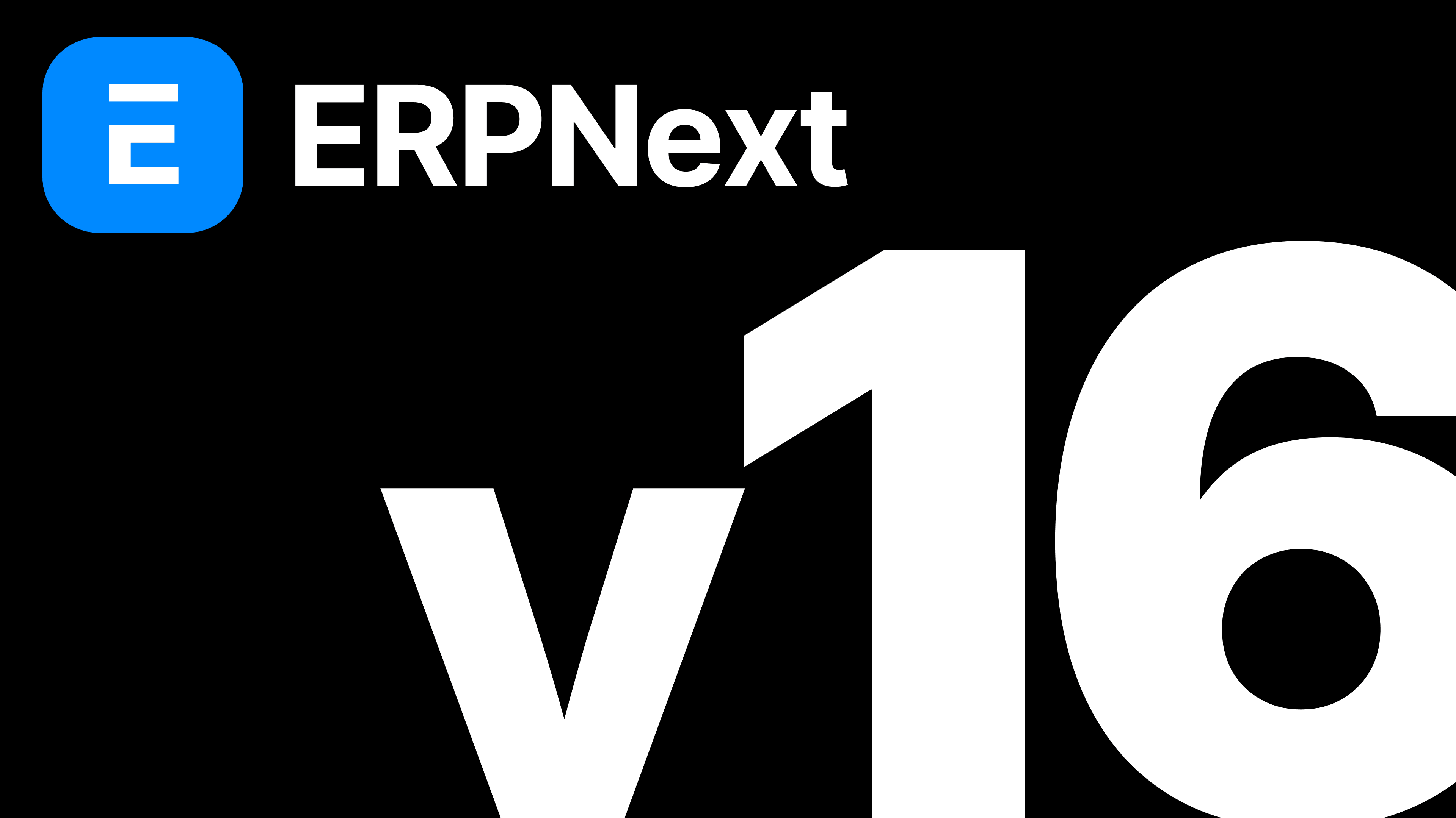 Official ERPNext v16 release artwork with the ERPNext logo and a large white v16 on a black background