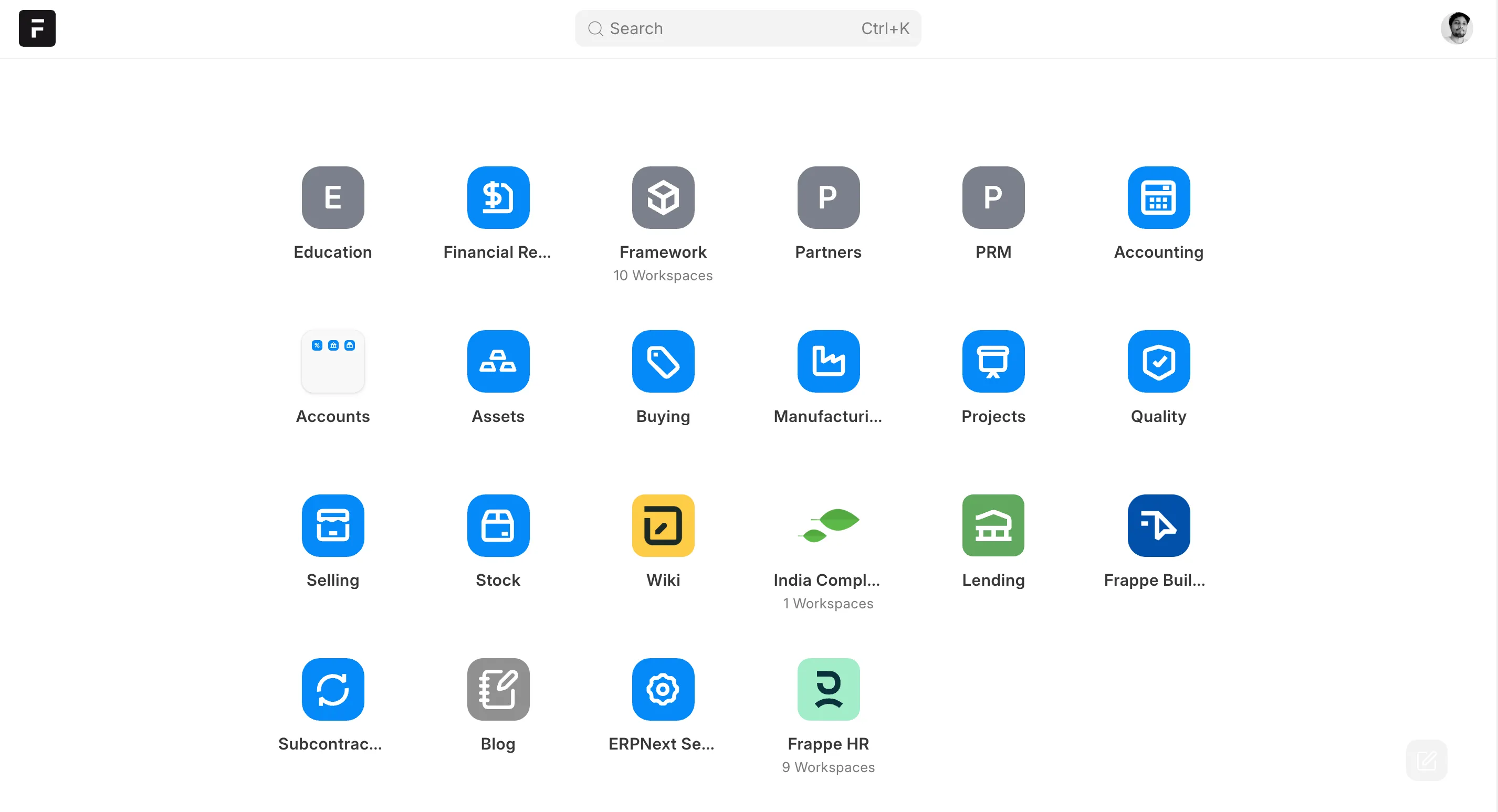 ERPNext v16 Desktop with module icons for Accounting, Manufacturing, Stock, Selling and other Frappe applications.