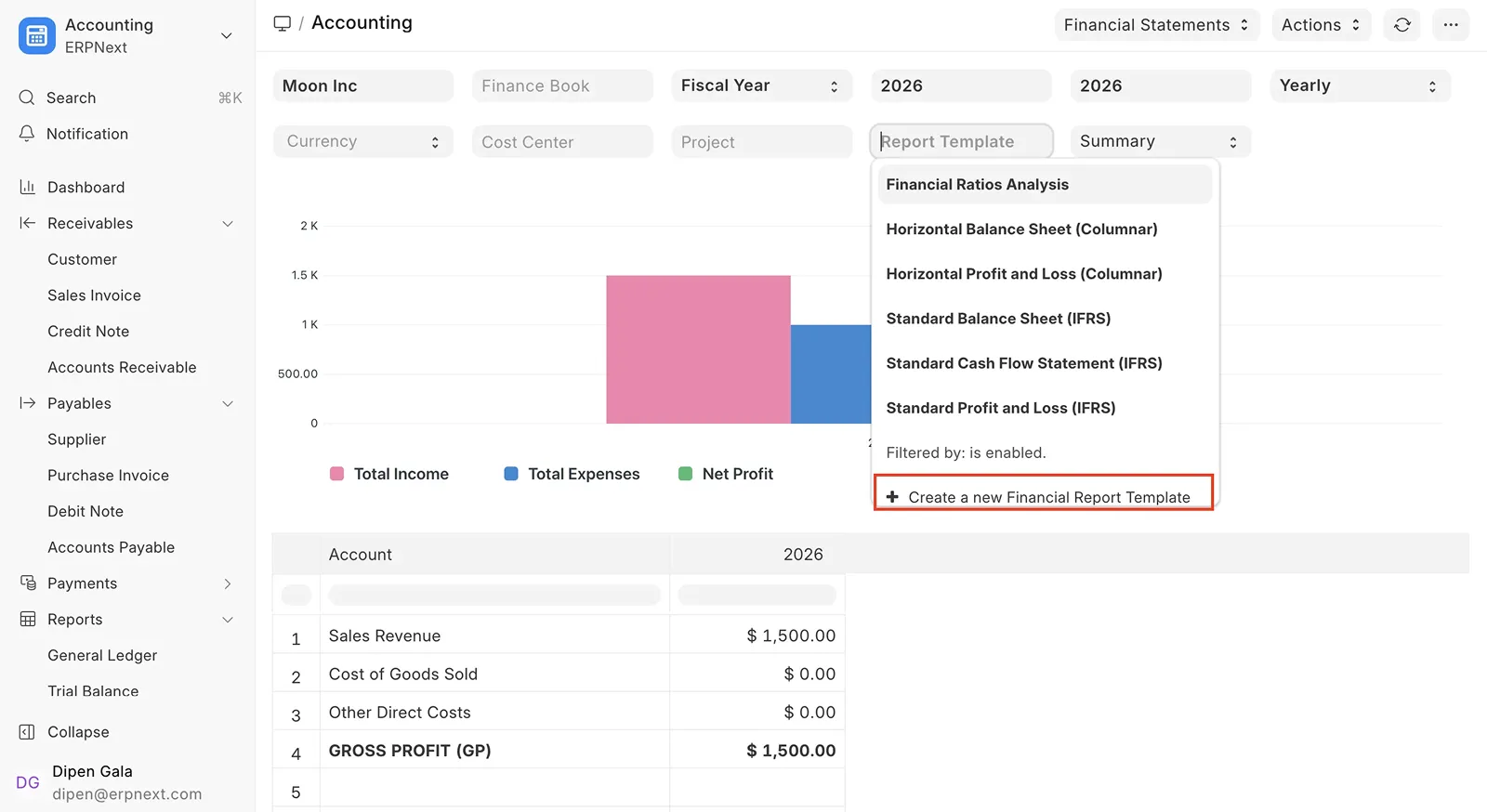 ERPNext v16 Financial Statements report with selectable IFRS, columnar and ratio-analysis templates.