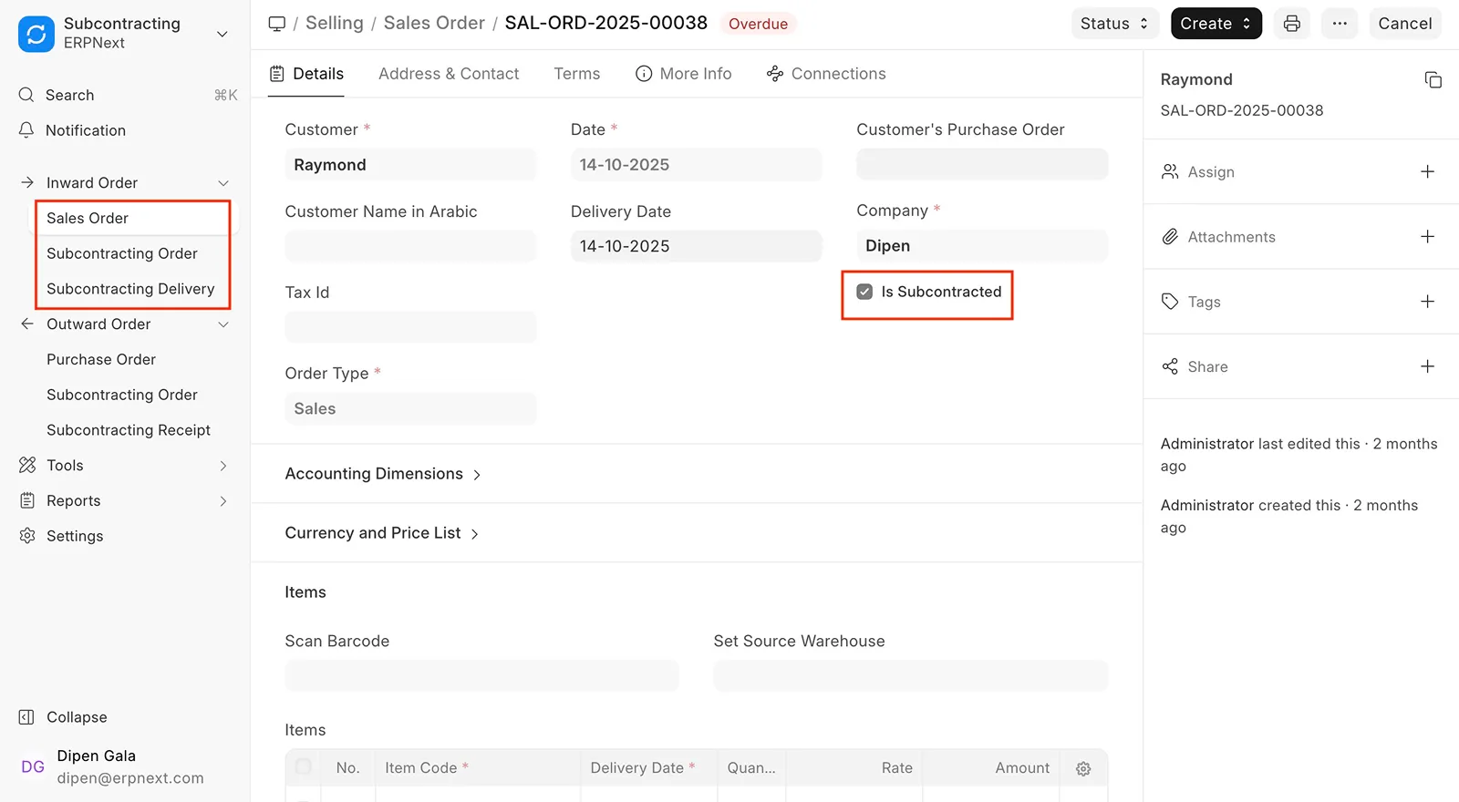ERPNext v16 Sales Order marked for inward subcontracting, with separate inward and outward order navigation.