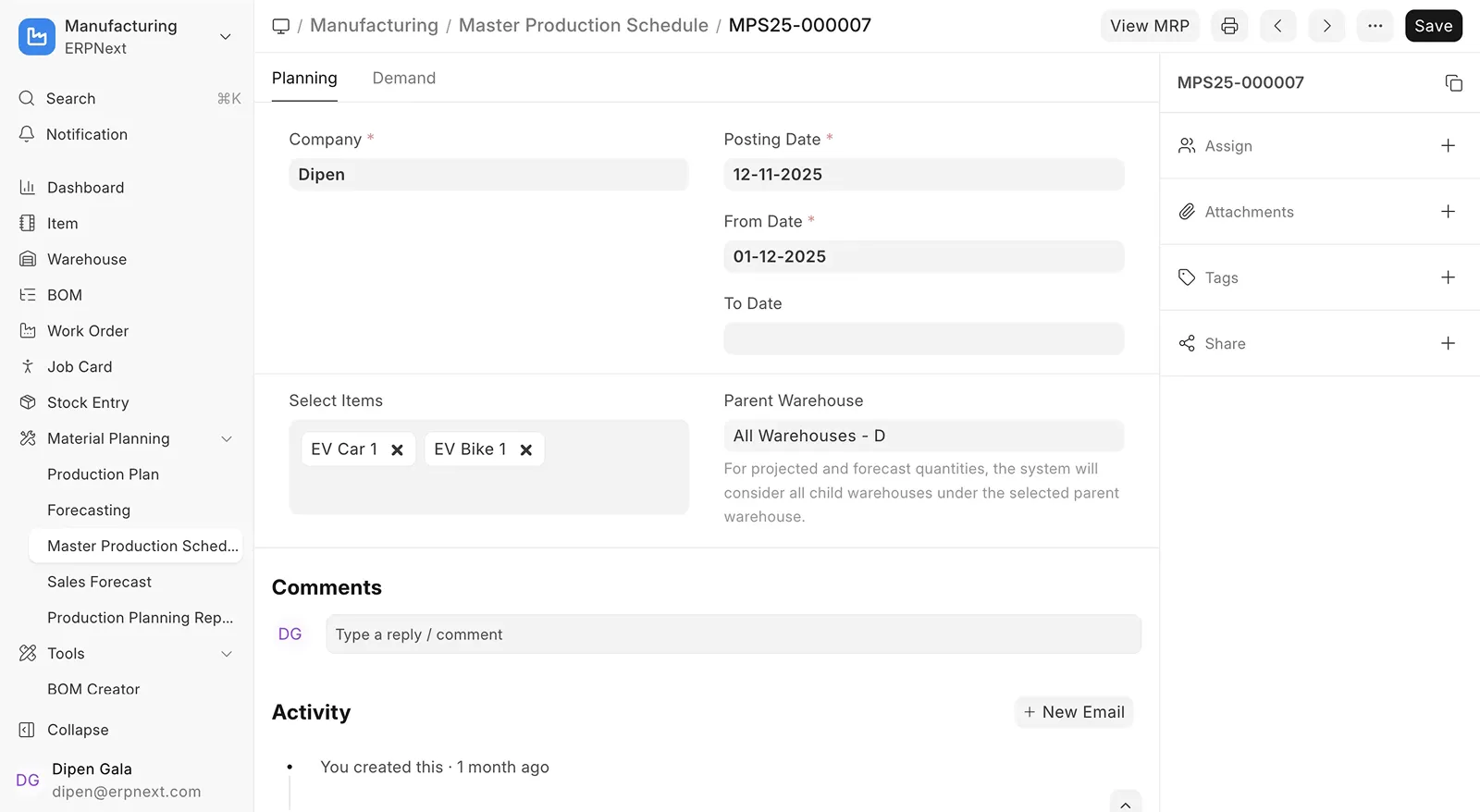 ERPNext v16 Master Production Schedule with planned items, dates and a link to material requirements planning.