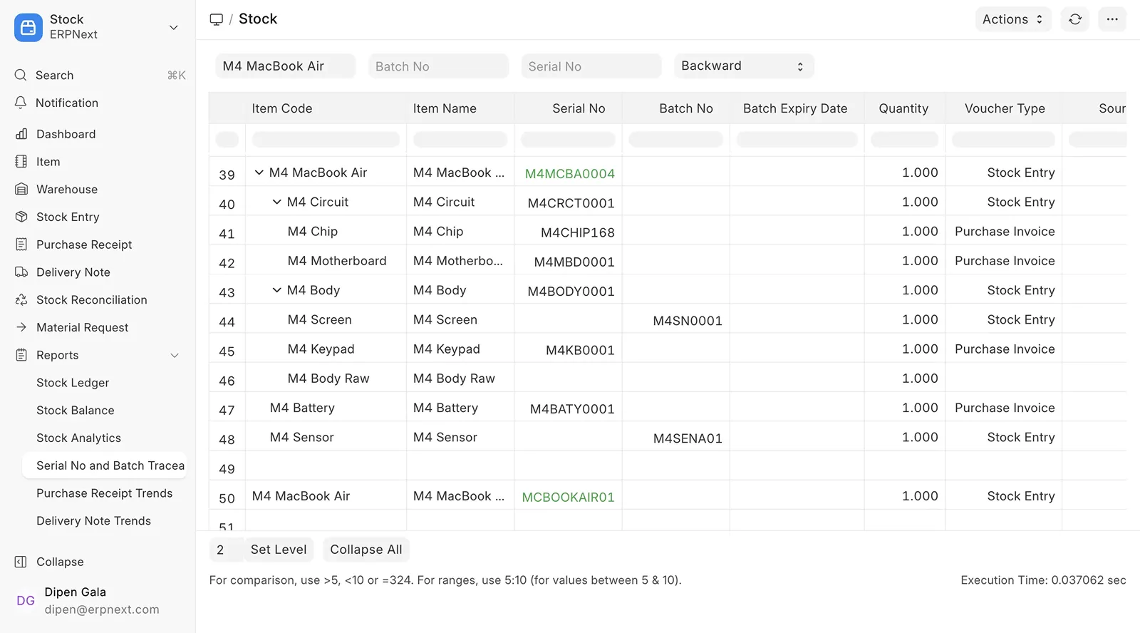 ERPNext v16 Serial No and Batch Traceability report following an item backward through stock and purchase transactions.