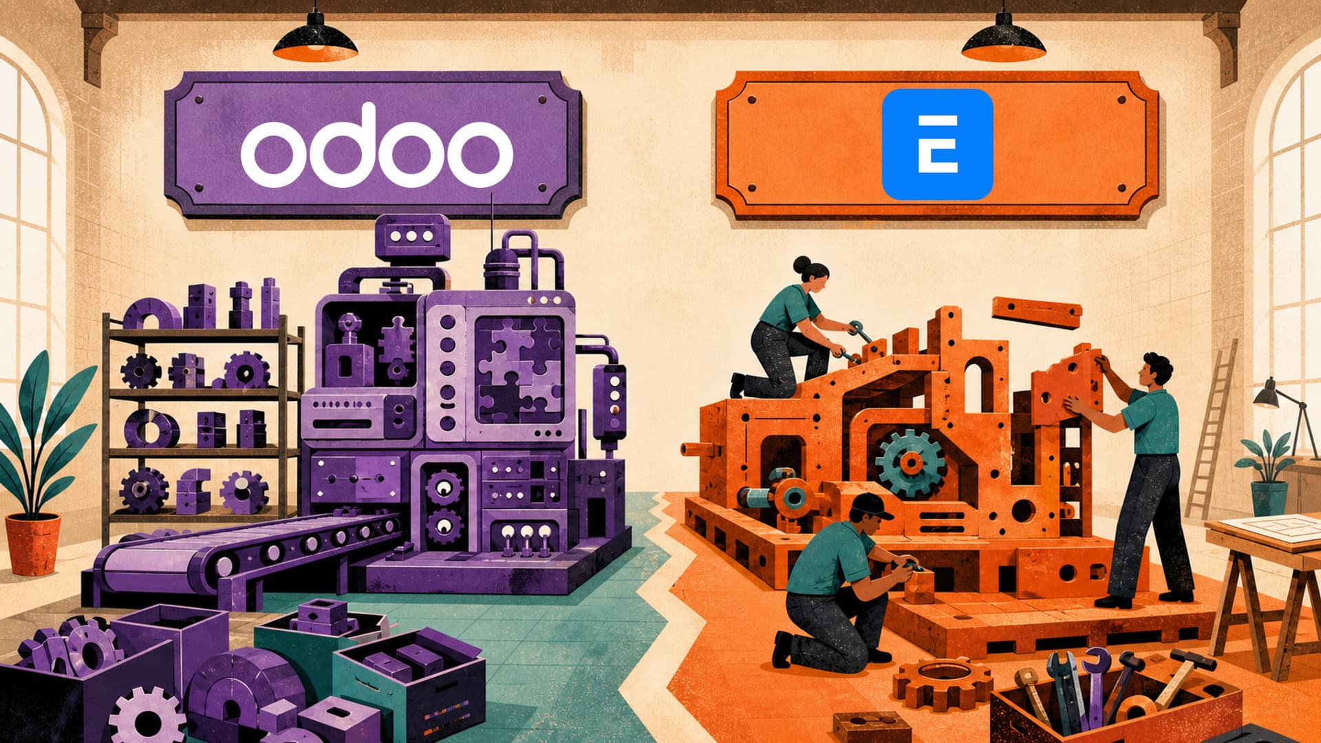 Odoo and ERPNext signs above two workshops representing different approaches to ERP ownership and customisation