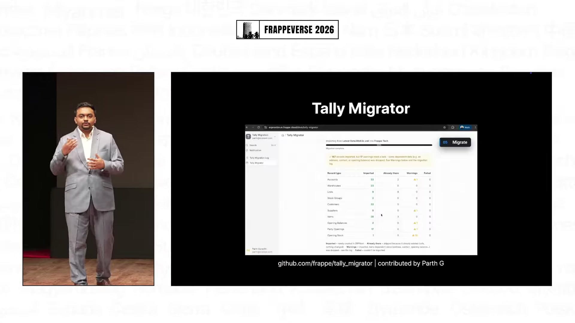 Tally Migrator summarizes imported ERPNext records, existing records, warnings and failures.