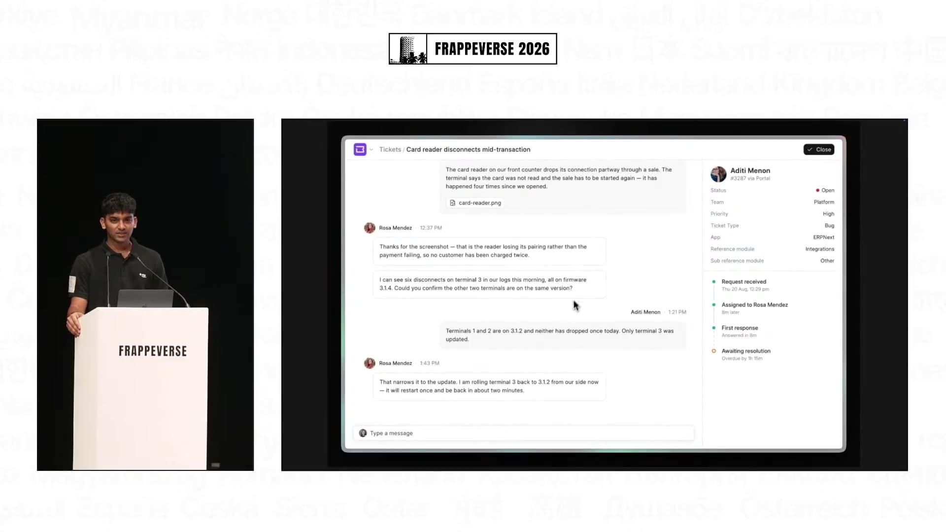 The Frappe Helpdesk customer portal combines a conversation with a separate ticket timeline.