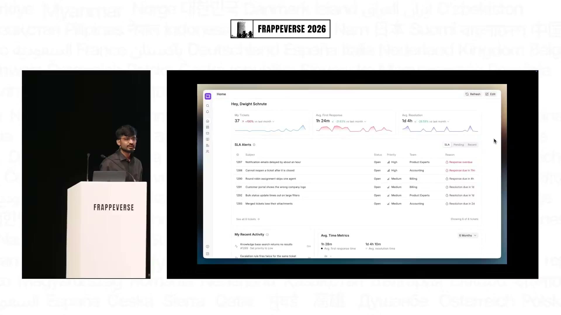 Frappe Helpdesk's configurable agent home shows ticket queues and support metrics.