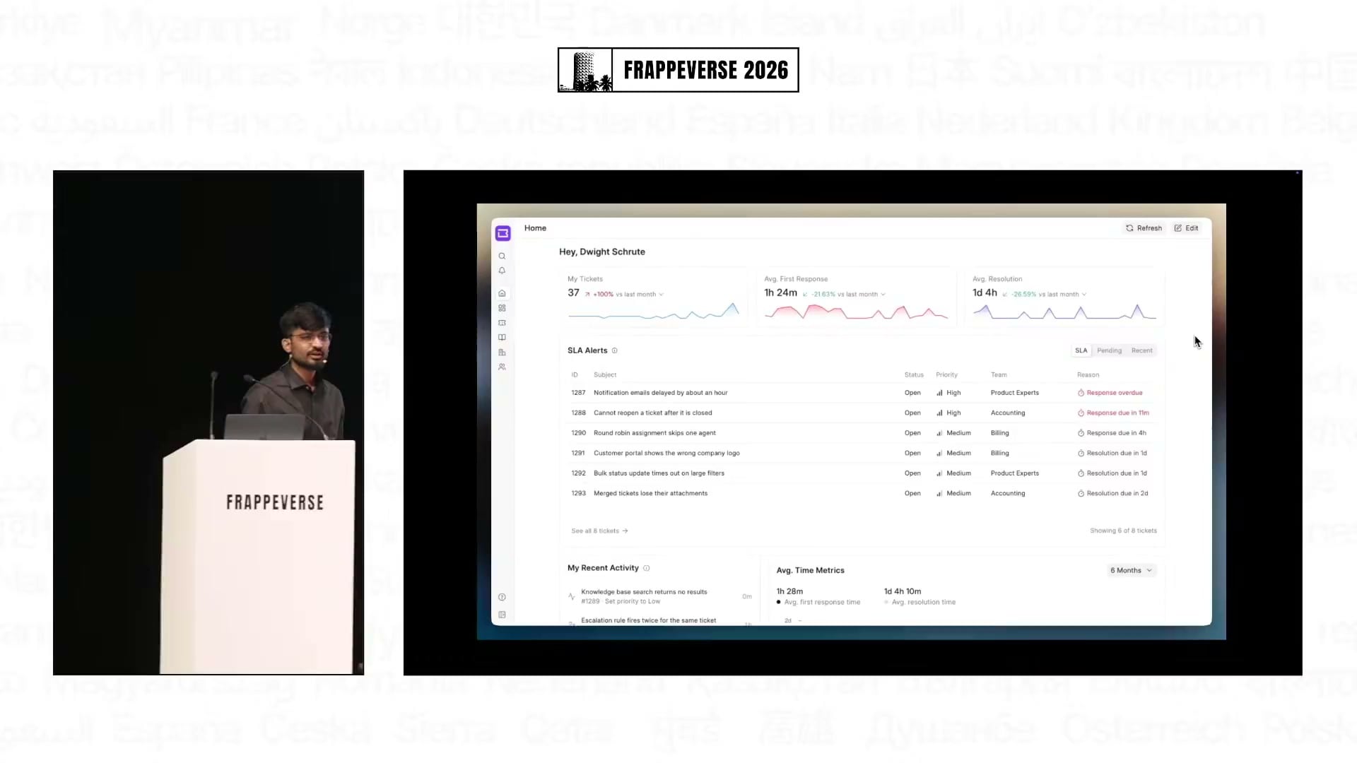 Frappe Helpdesk's configurable agent home shows ticket queues and support metrics.