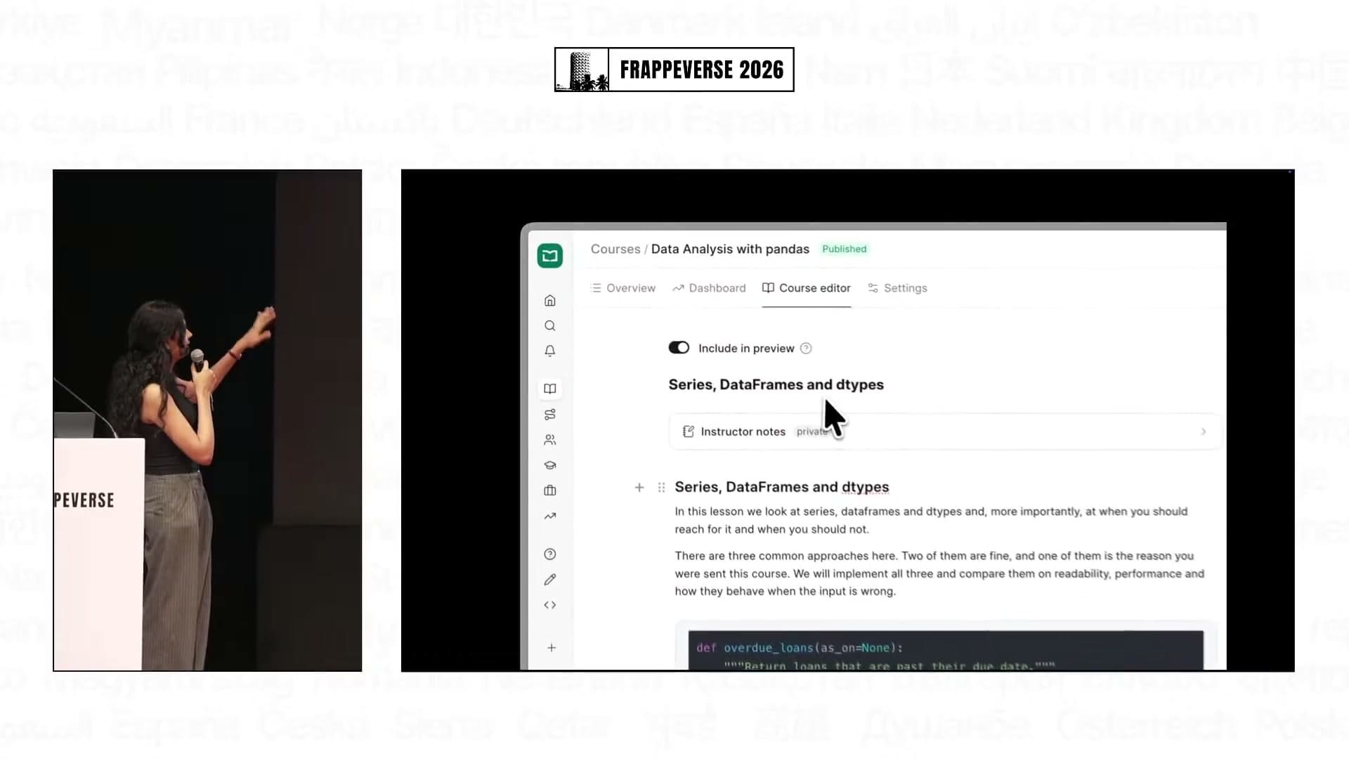 Frappe Learning's editor keeps lesson content and the course outline in one view.