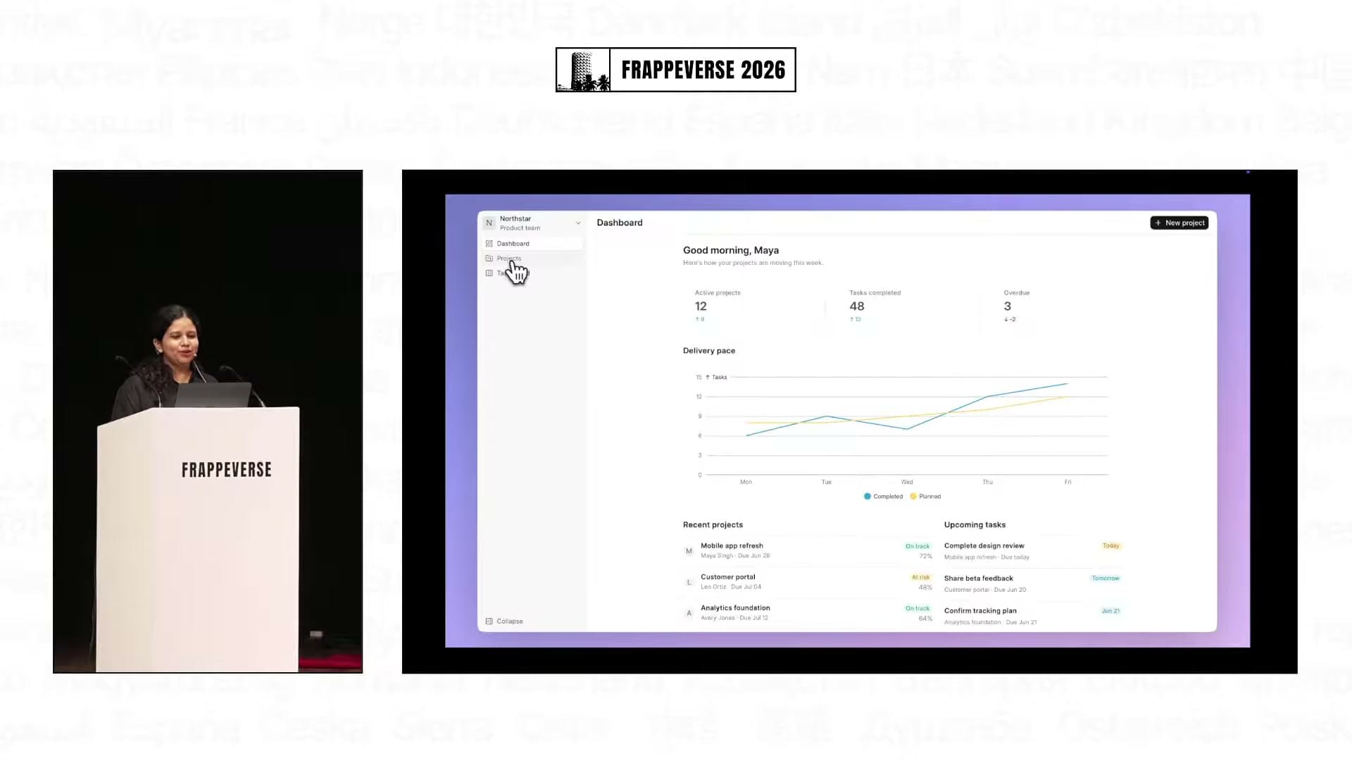 Rucha Mahabal shows an agent-generated Projects interface inside Frappe Studio.