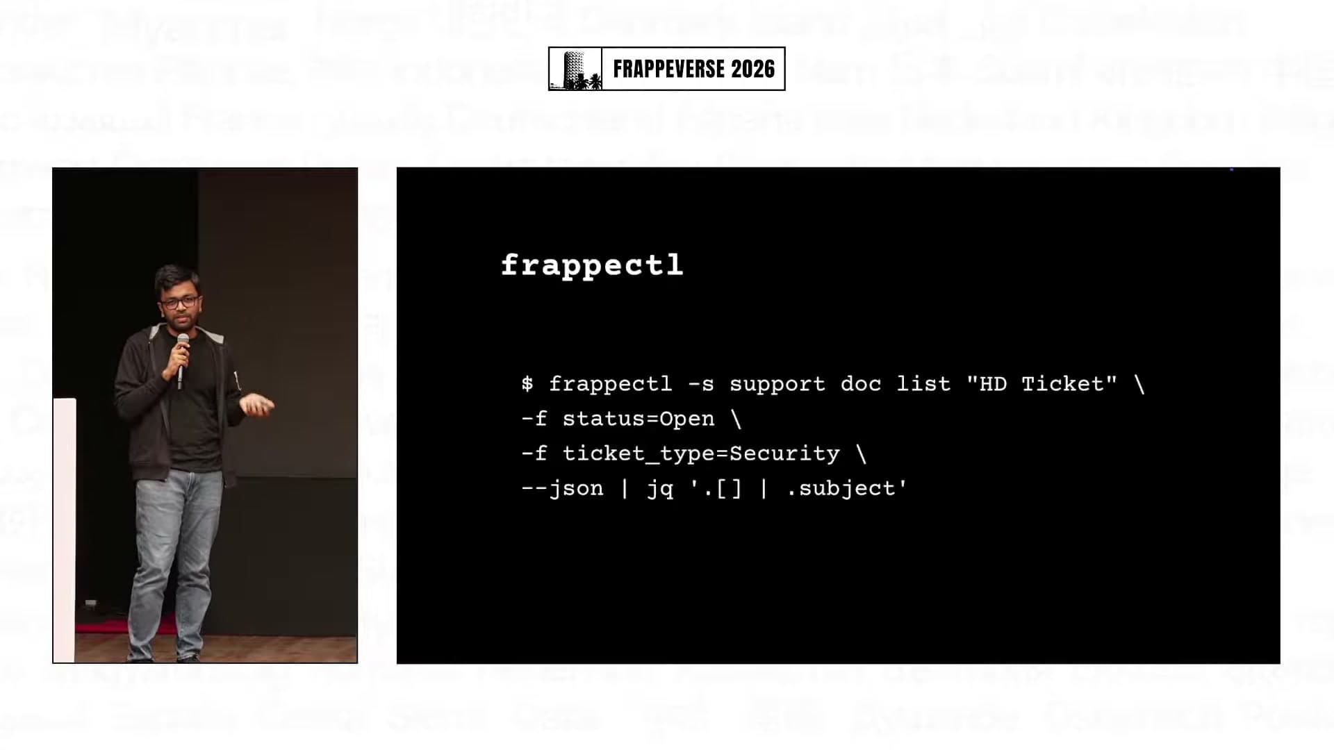 Ankush Menat shows a frappectl command for querying Helpdesk tickets.