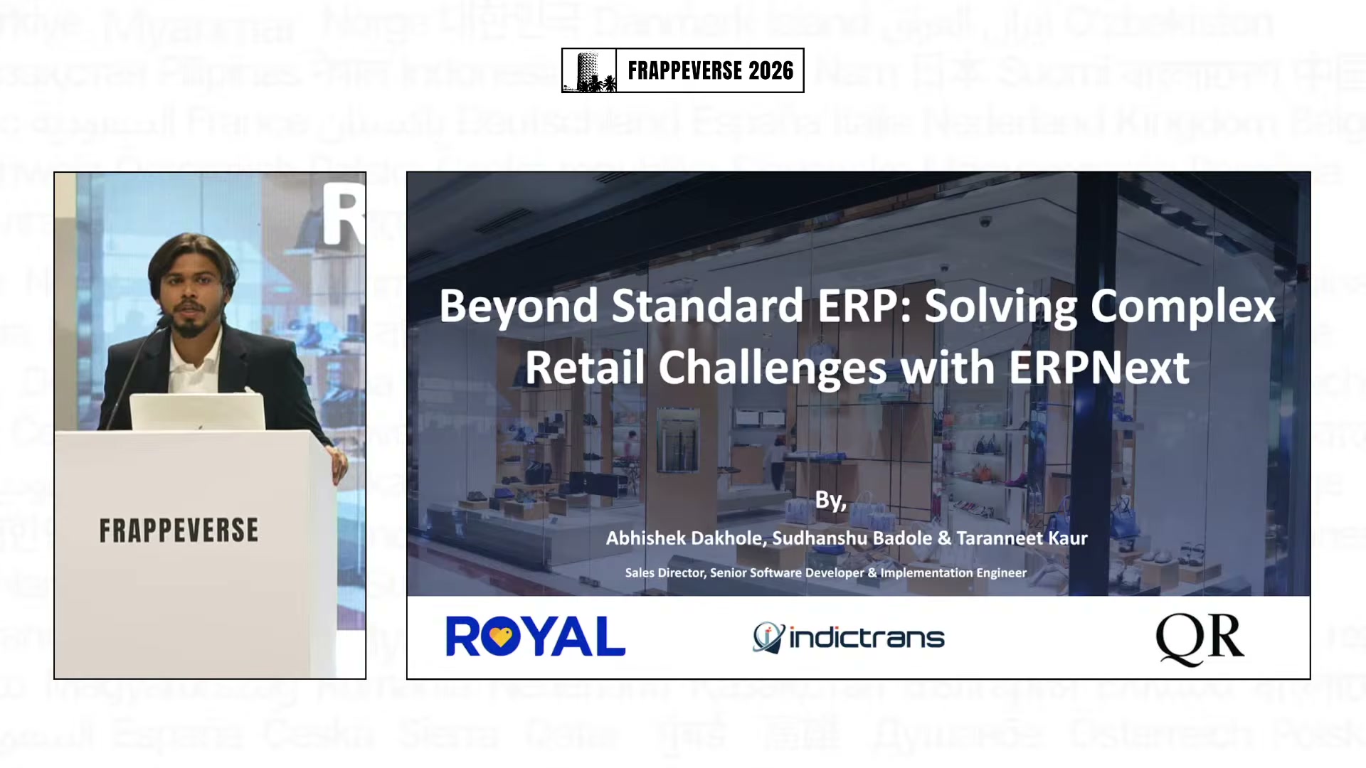 Sudhanshu Badole presenting two enterprise retail ERPNext case studies at Frappeverse Mumbai 2026