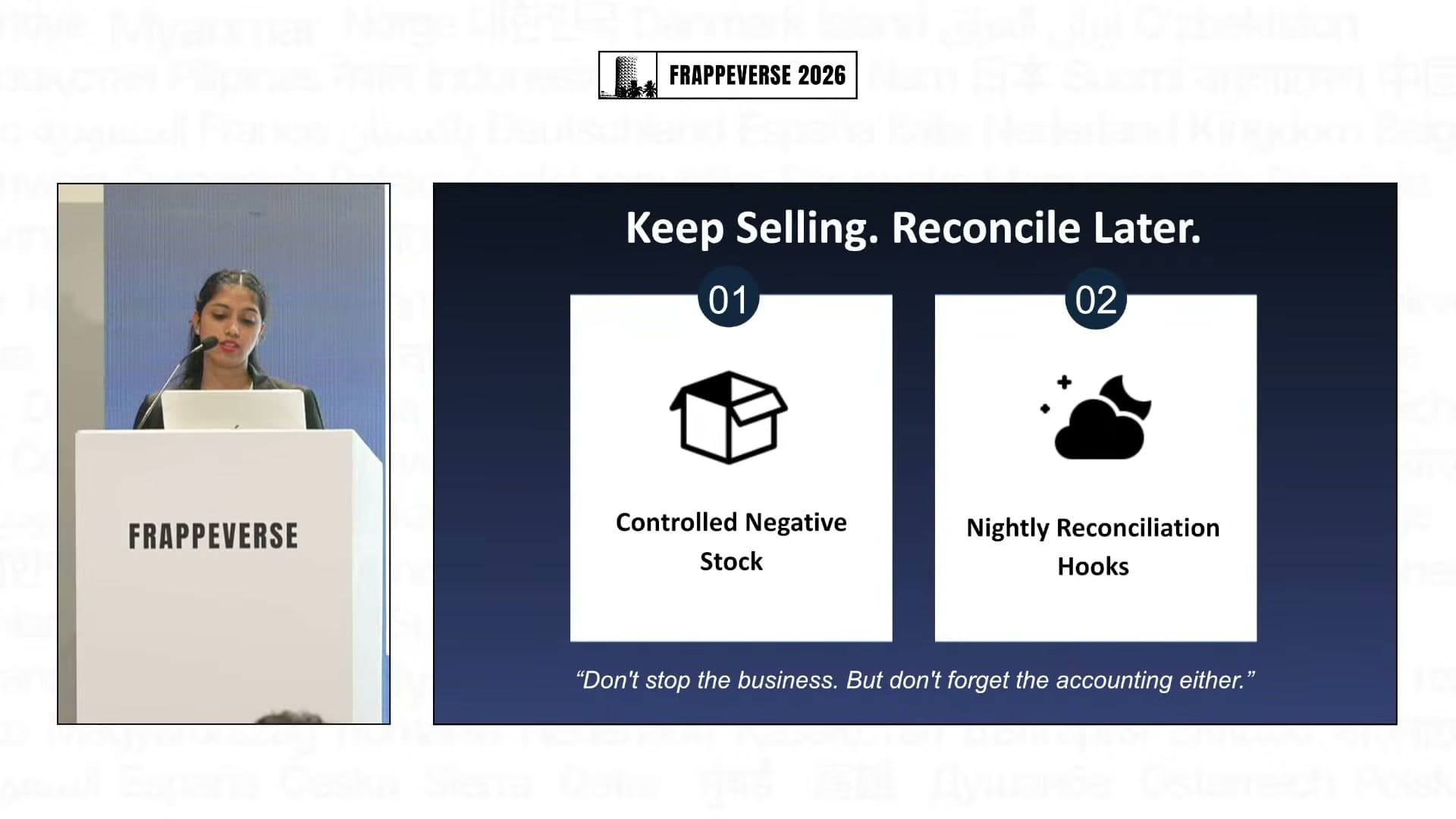 The Royal implementation allowed controlled negative stock and reconciled it through nightly hooks.