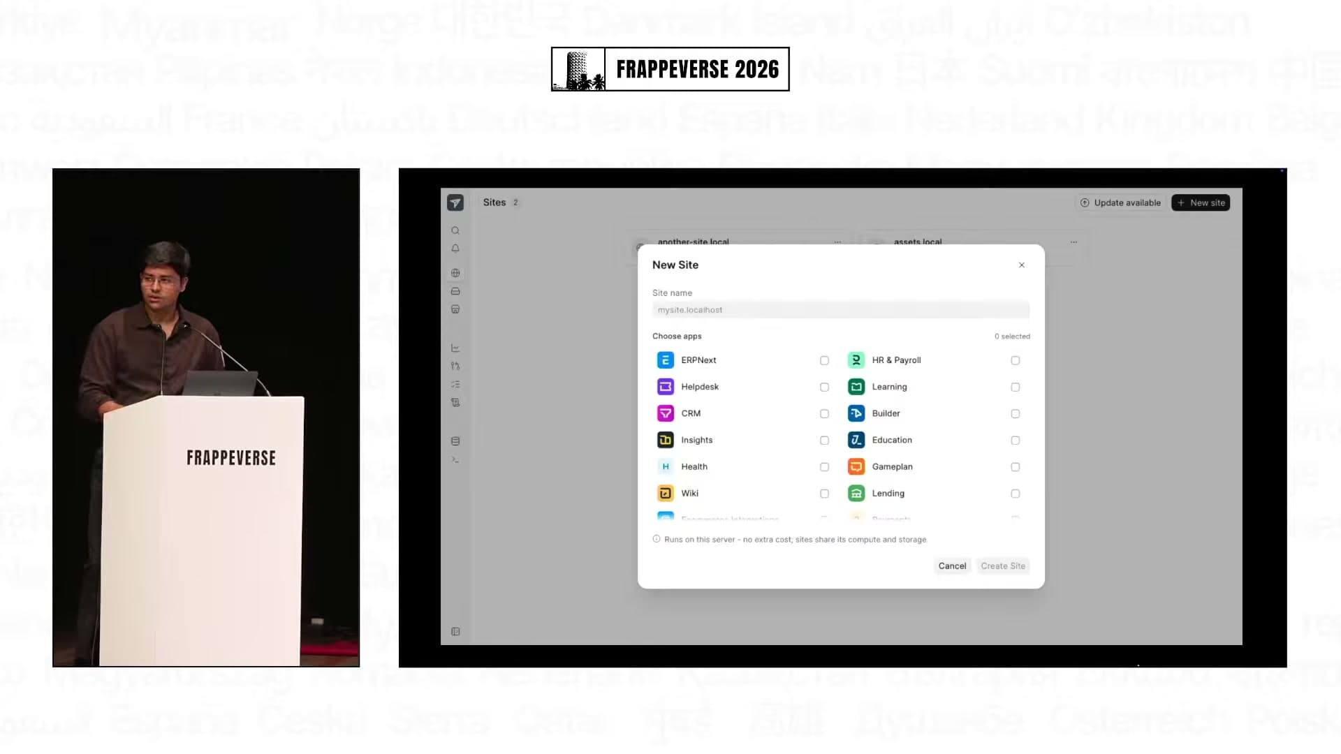 Pilot's site-creation interface lets users choose compatible Frappe apps from the marketplace while creating a site.