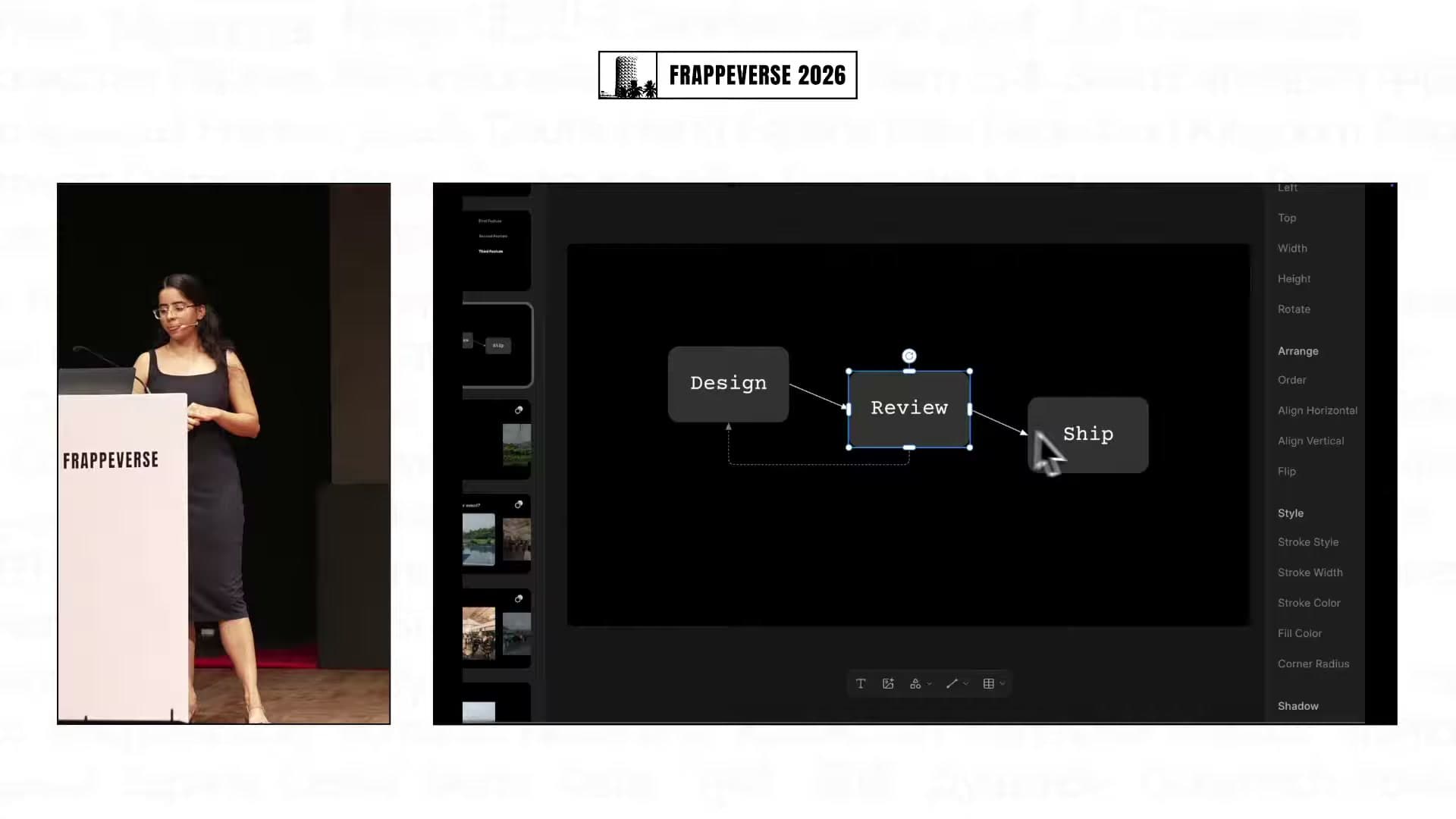 The updated Frappe Slides editor includes shapes, connectors and a compact properties panel.