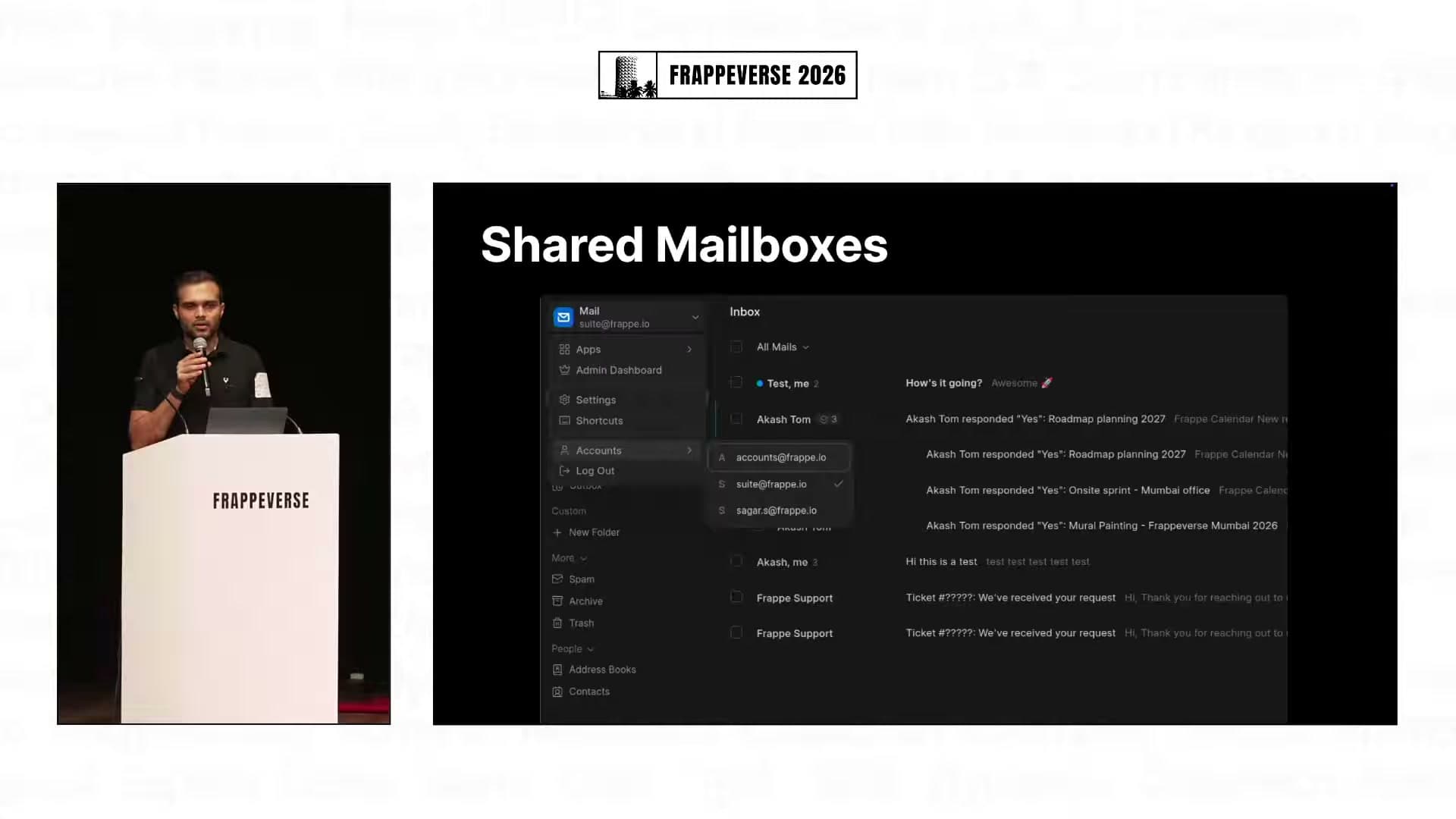 Frappe Mail shows shared mailboxes for team-managed email accounts.