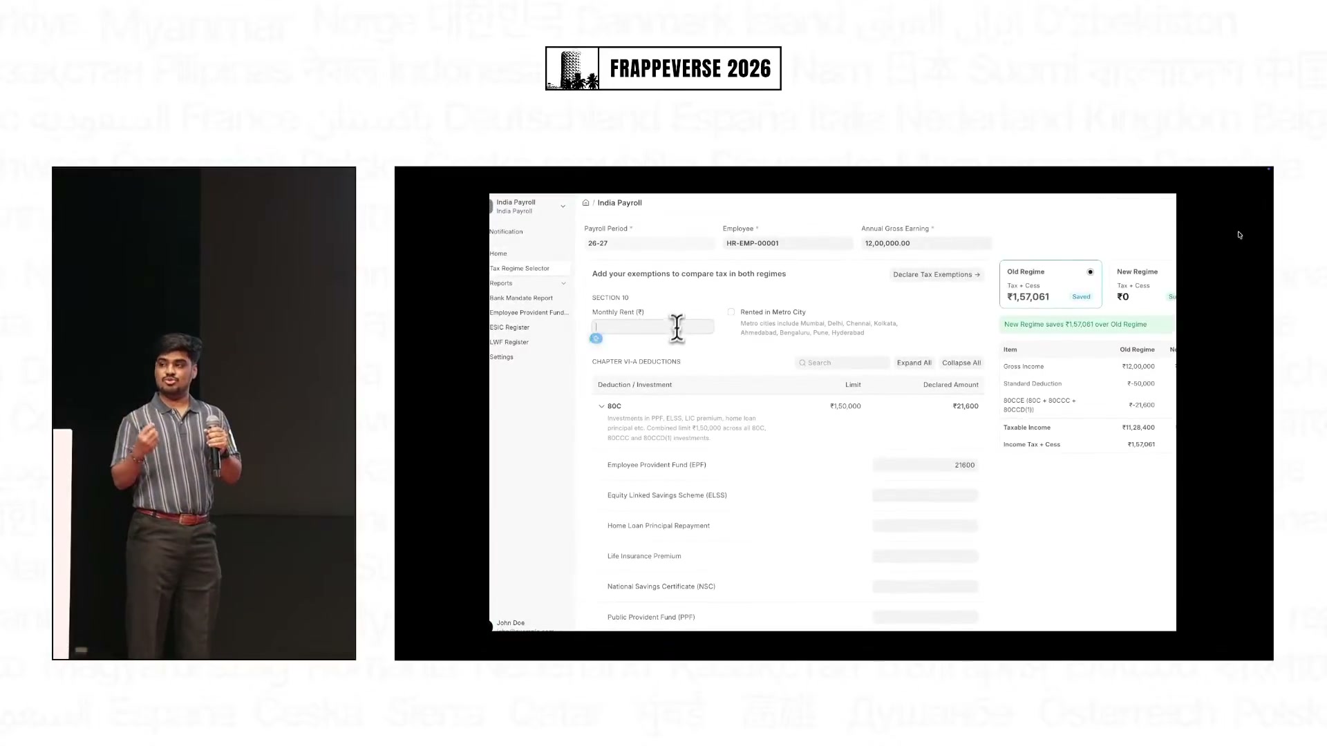 India Payroll's tax regime comparison shown at Frappeverse Mumbai 2026