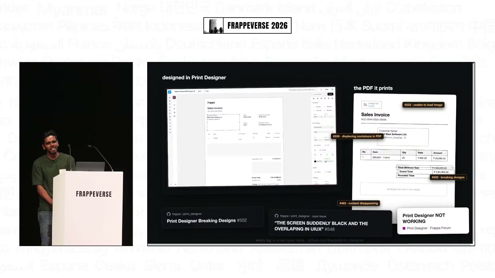 The visual print-format builder composes document fields, text and images.