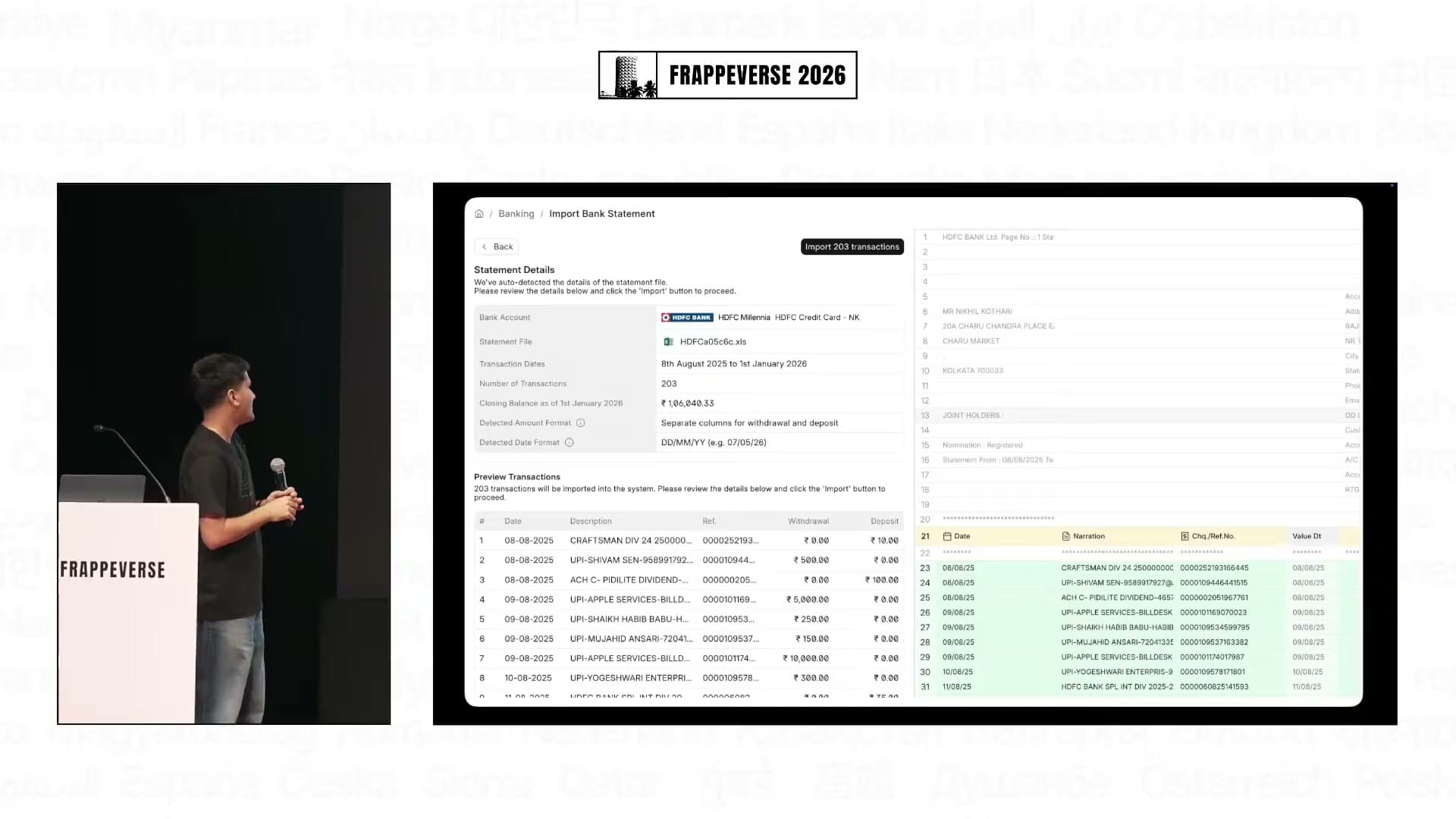 ERPNext identifies the transactions and closing balance in an uploaded bank statement.