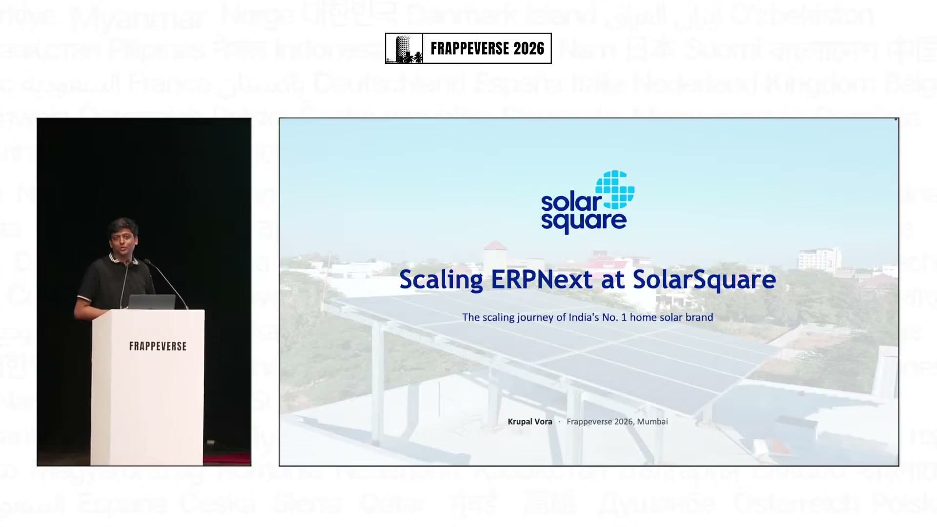 Krupal Vora presenting SolarSquare's ERPNext scaling journey at Frappeverse 2026