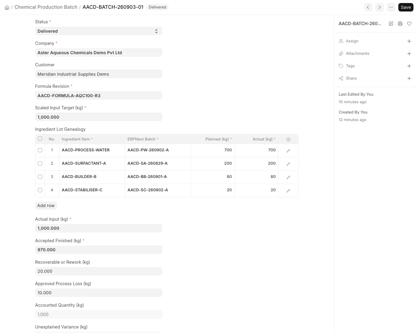 Chemical Production Batch form showing ingredient lots, 1,000 kilogram input, 970 kilogram output, recovery, loss and zero variance