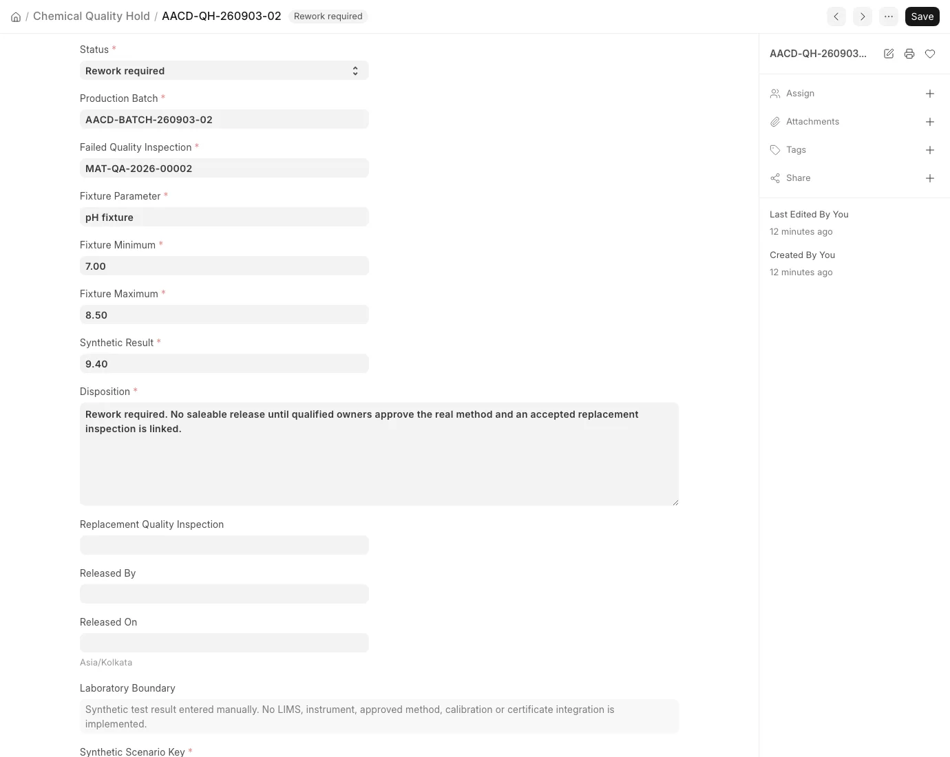 Chemical Quality Hold form showing a rejected synthetic pH result, rework-required status and blocked release