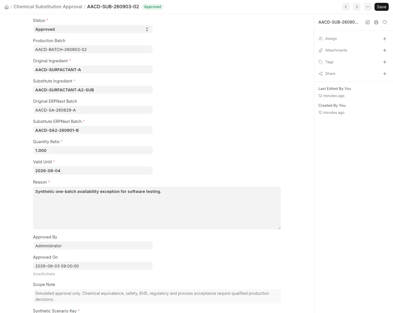 Chemical Substitution Approval form showing original and substitute ingredients, lots, quantity, validity and scope boundary
