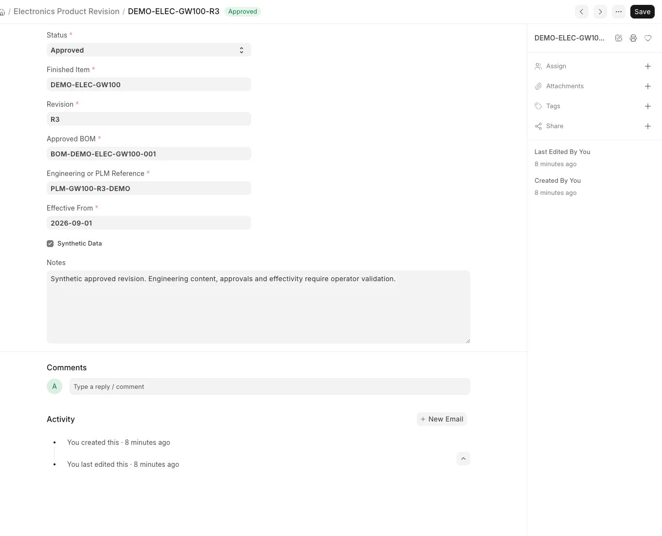 Electronics Product Revision form showing approved revision R3, its ERPNext BOM and effective date