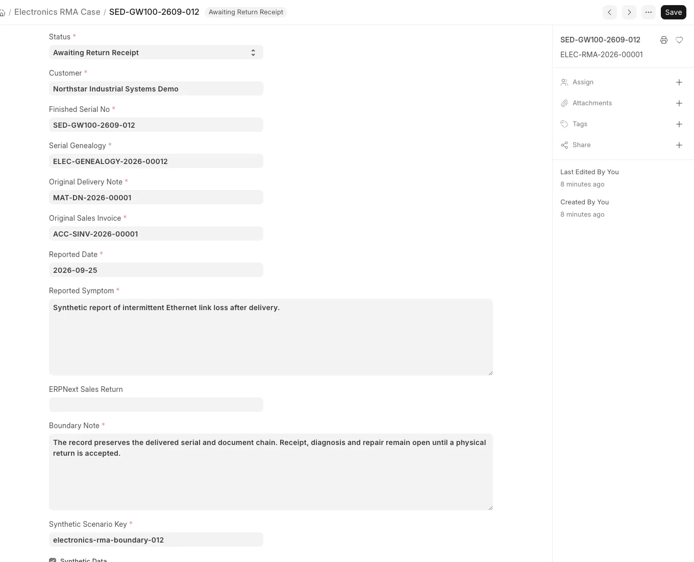Electronics RMA Case form linked to a delivered serial and marked Awaiting Return Receipt