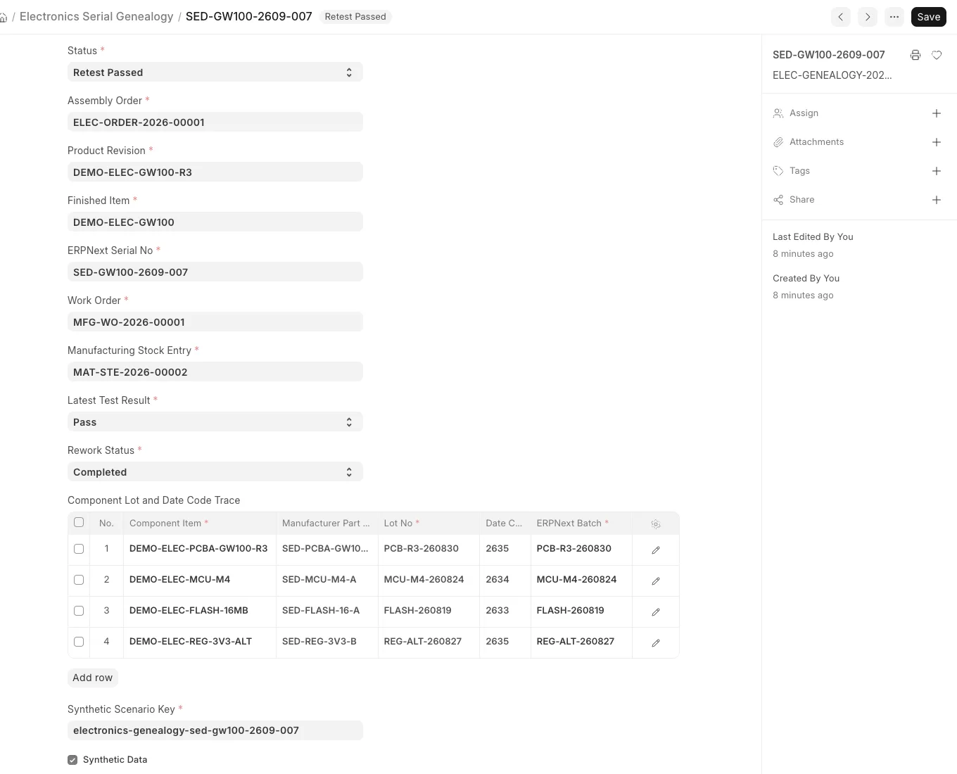 Electronics Serial Genealogy form for serial 007 showing revision R3 and four component lot and date-code rows