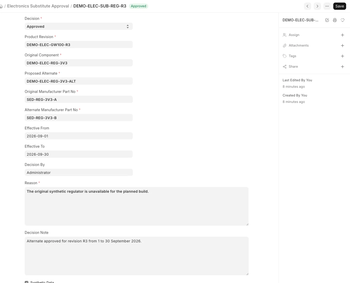 Electronics Substitute Approval form authorising a 3.3 volt regulator alternate for revision R3