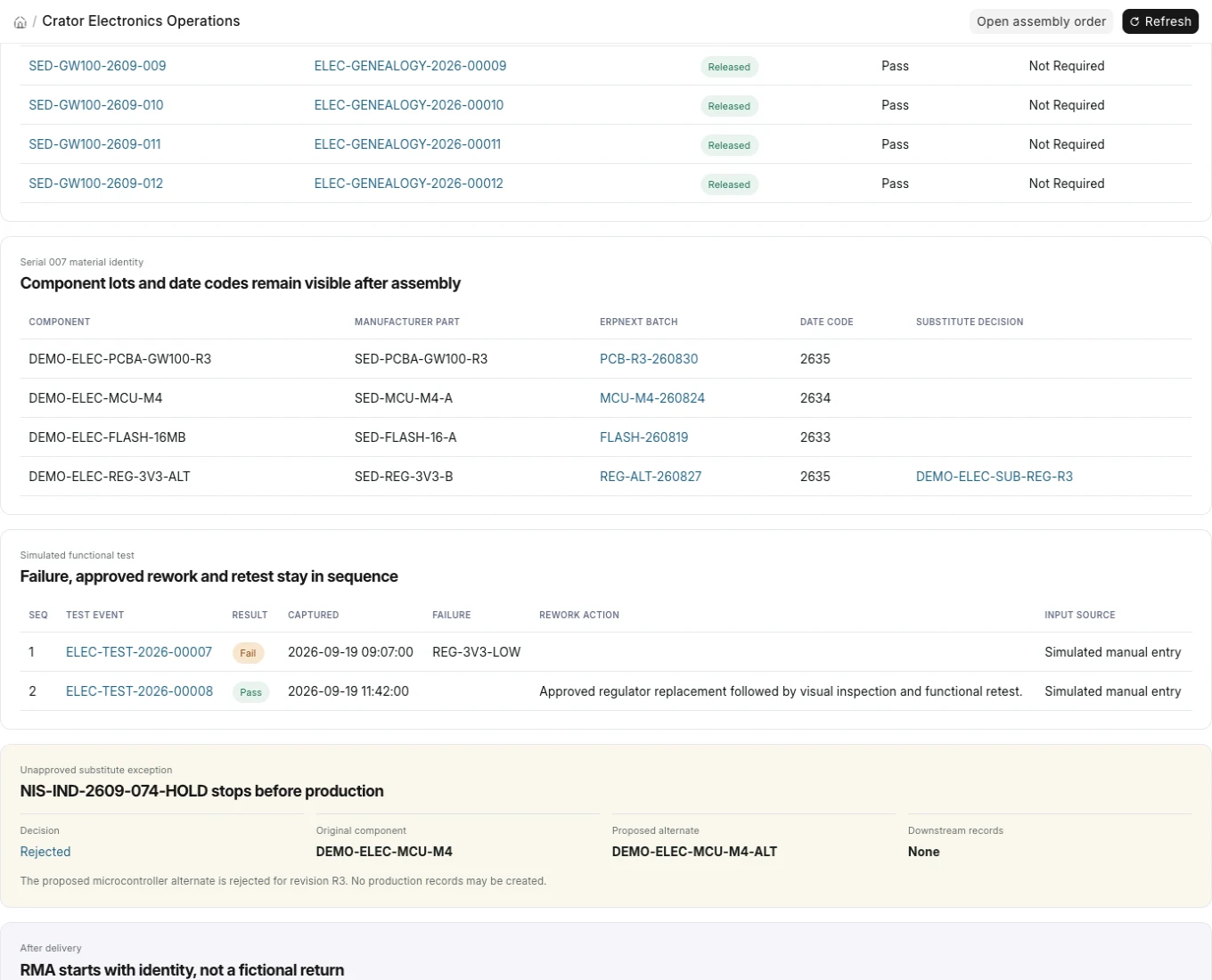 Electronics operations screen showing serial 007 component lots followed by its failed test, approved rework and passing retest