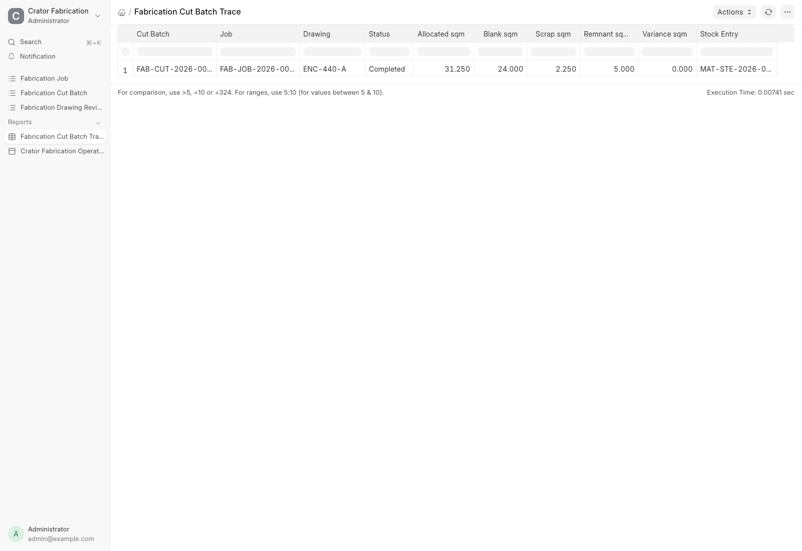 Fabrication Cut Batch Trace report in ERPNext with allocated, blank, scrap, remnant and variance area