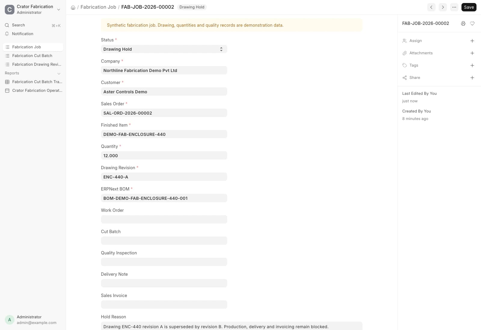 Fabrication Job in ERPNext on Drawing Hold with revision A superseded by revision B and no downstream documents