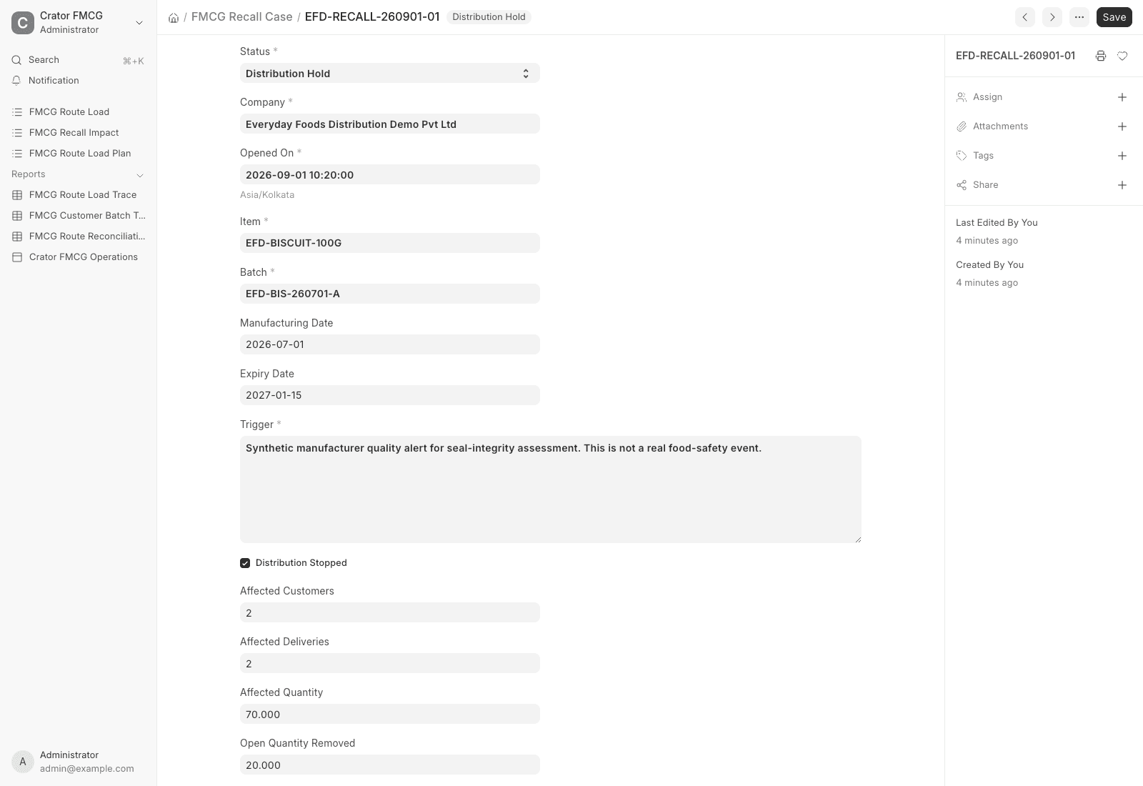 FMCG Recall Case form showing a distribution hold, affected customers, deliveries, quantity and open allocation removed
