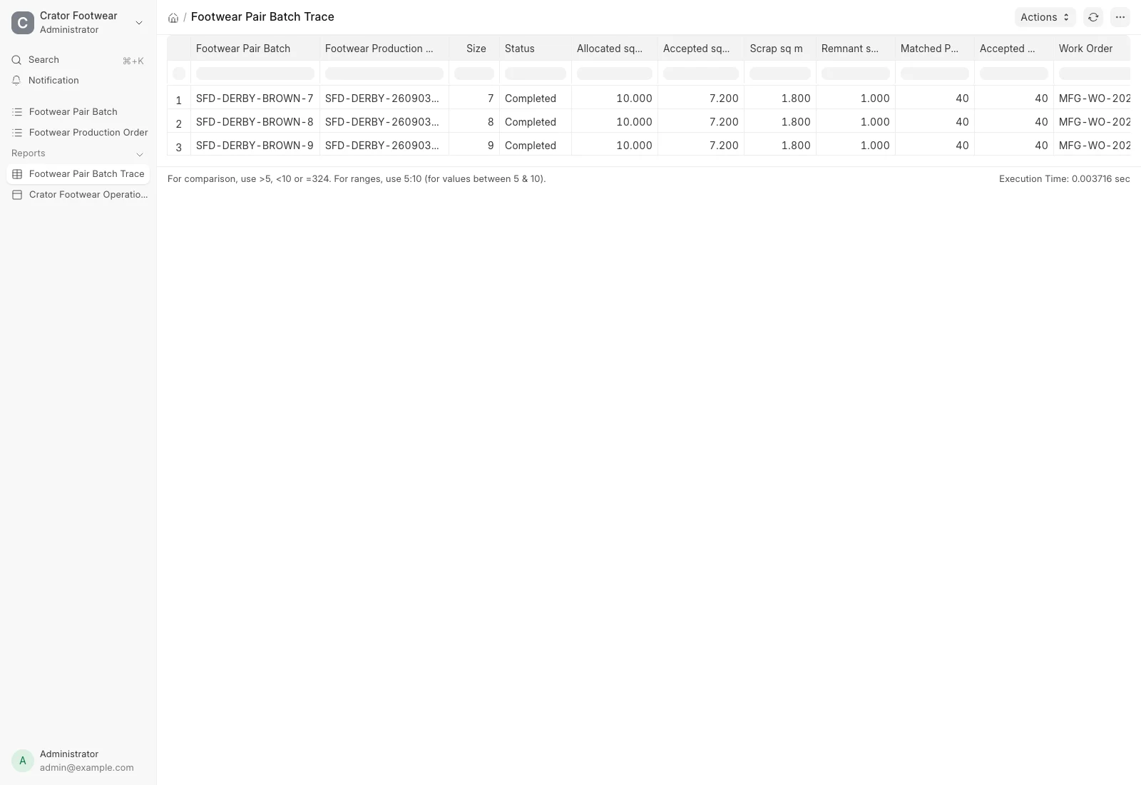 Footwear Pair Trace report showing size-level cutting, matching, quality and costing reconciliation