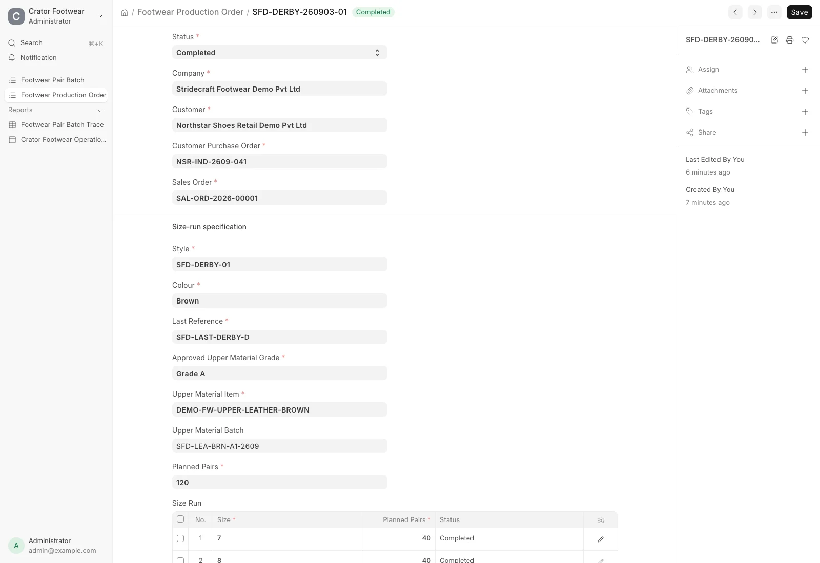 Footwear Production Order showing a 120-pair order split across sizes 7, 8 and 9
