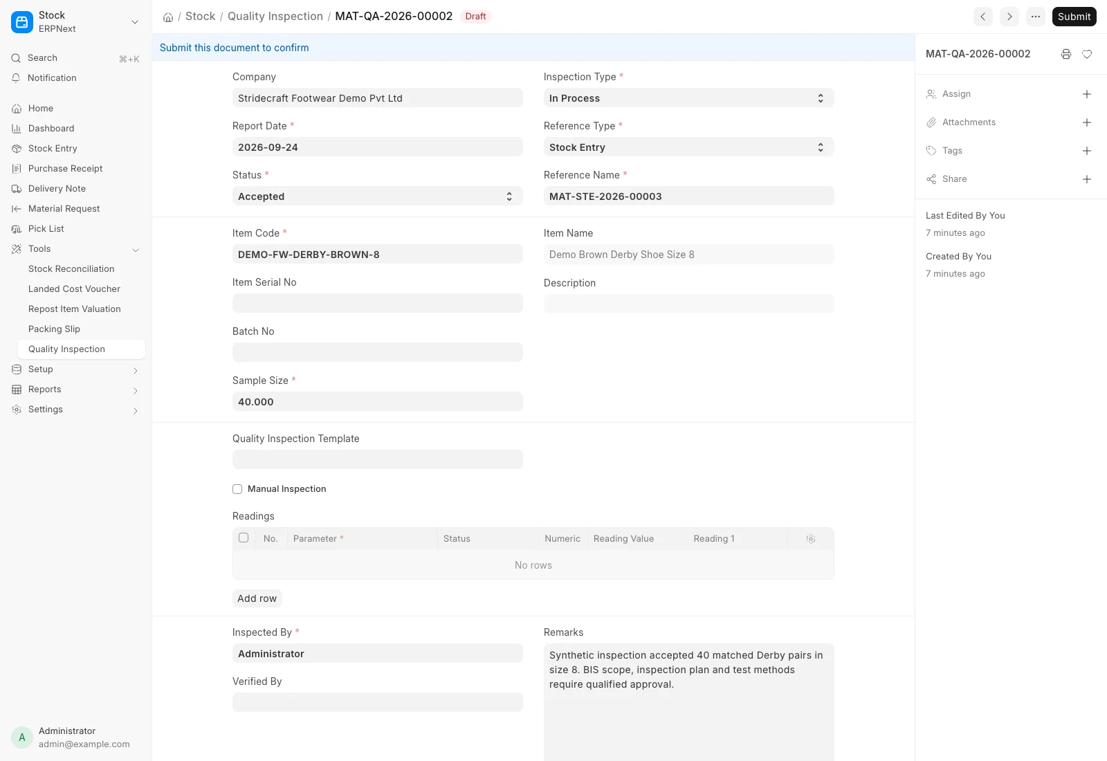 Accepted ERPNext Quality Inspection for a finished footwear size batch