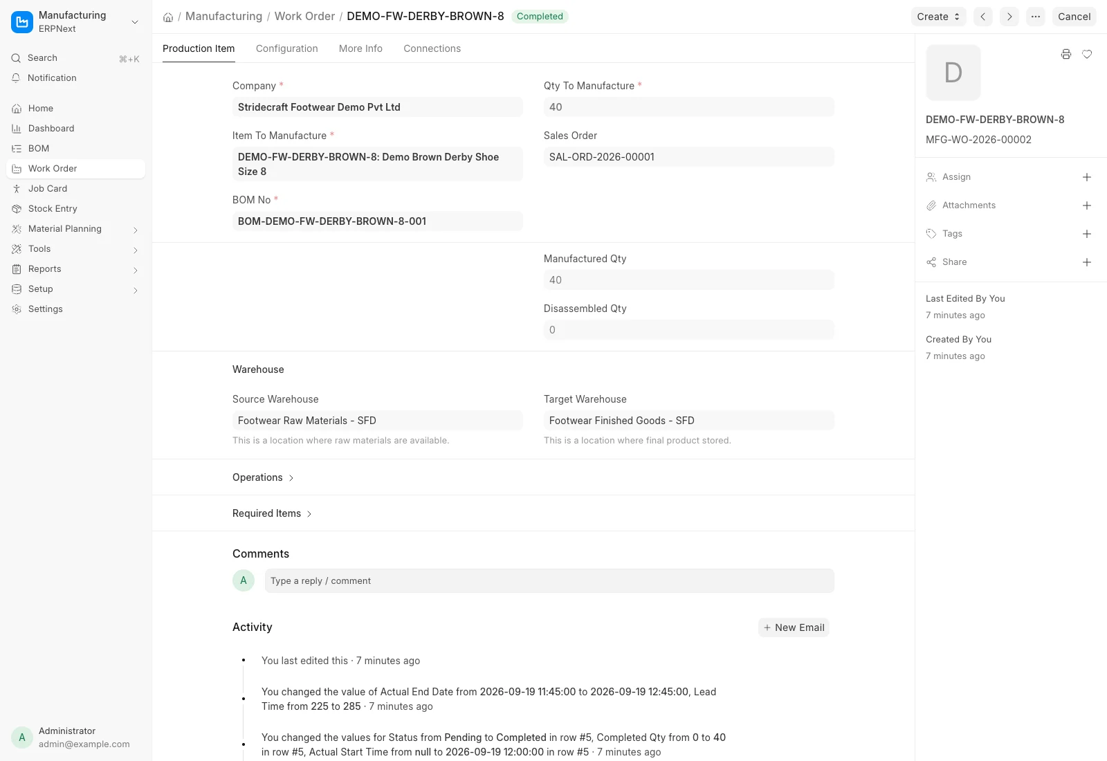 Submitted ERPNext Work Order for the size 7 footwear Item and its five manufacturing operations