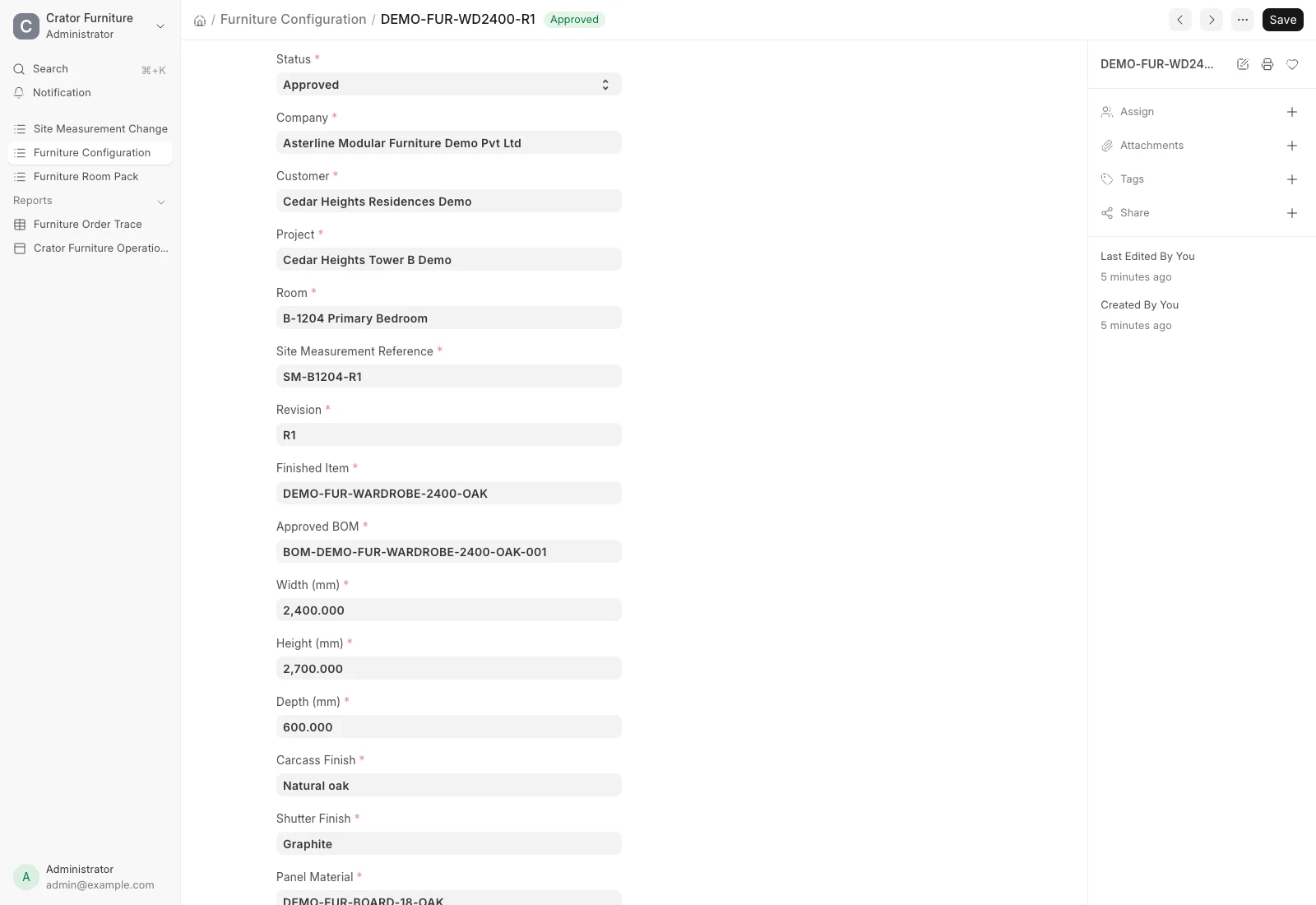Approved Furniture Configuration in ERPNext showing the room, measurement reference, revision, dimensions, finish, panel material and BOM